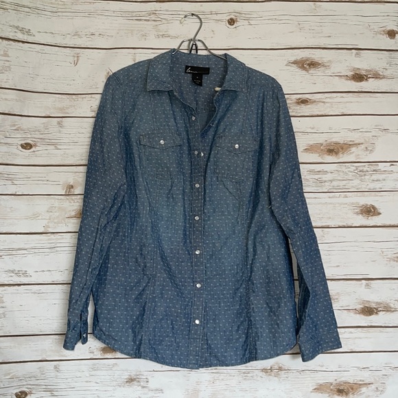 Lane Bryant • chambray denim detail print button down shirt top - Picture 1 of 4